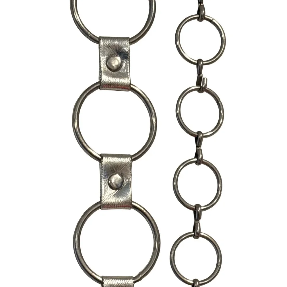 Silver Metal O-Ring Chain Belt Toggle Closure Y2K Punk Faux‎ Leather Detail 42in